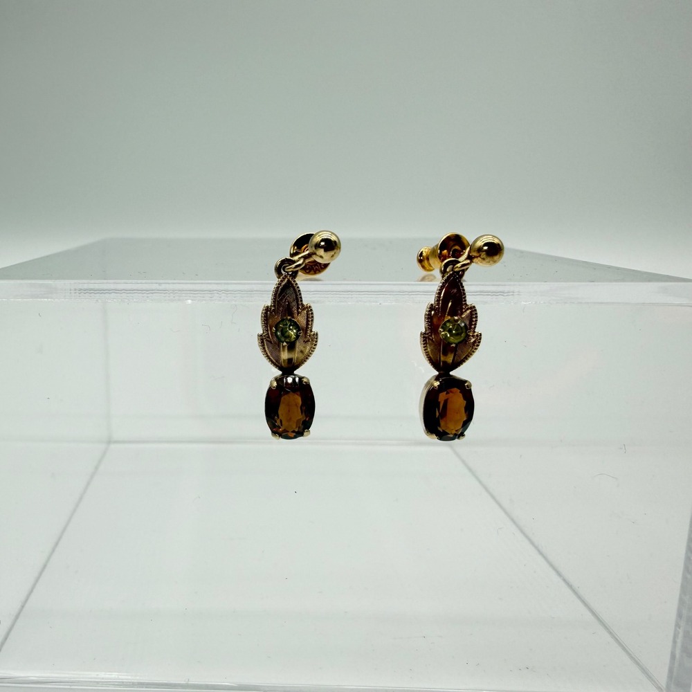 Vintage Monet Gold Tone Leaf Drop Earrings Amber Green Rhinestone Signed